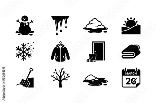 Melting snowman icon, dripping icicle symbol, snow pile turning to water, sun over snowy hill icon, snowflake fading away symbol,