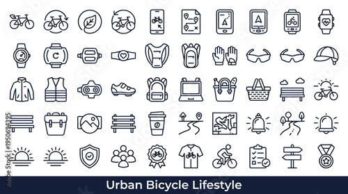 Urban bicycle lifestyle and sustainable transportation symbols related to riding in metropolitan environments represented as clean