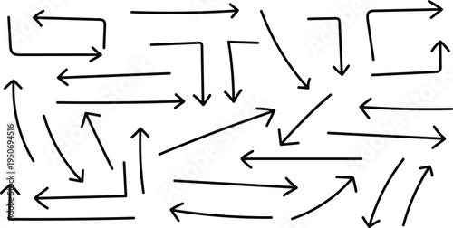 A complex arrangement of arrows pointing in various directions on a white background