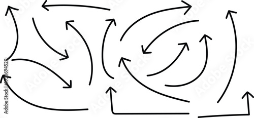 A complex network of curved arrows on a white background