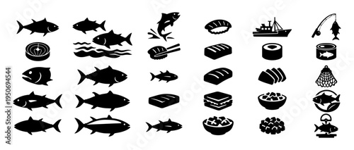 Tuna Fishing and Seafood Industry Silhouette Icon Set – Commercial Tuna Catch, Sushi, Fish Market and Marine Fishing Symbols