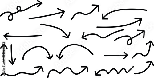 A collection of hand drawn arrows in various styles and directions on a white background