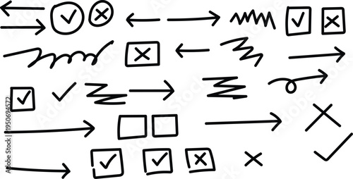 A collection of hand drawn checkmarks arrows and symbols in black ink on a white background for decision making and flowcharting