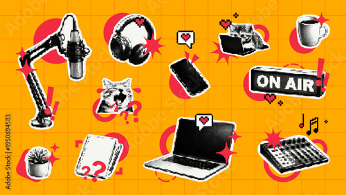 Trendy halftone collage of podcasting elements on orange background. Vector set with microphone, headphones, laptop and cat sticker. Creative digital content creation and streaming concept.