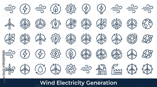 Air driven electricity production symbols and renewable wind technology elements associated with sustainable power generation