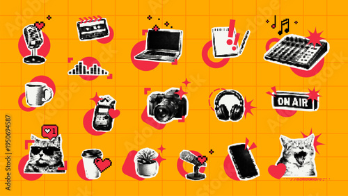 Trendy halftone collage with stickers of multimedia gadgets, cat, and podcast equipment. Retro digital art elements set on yellow grid background. Social media creator content concept.