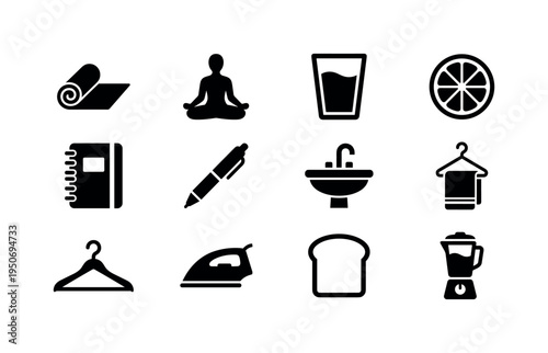 Yoga mat rolled out, meditation pose silhouette, glass of water, lemon slice, journal notebook, pen, bathroom sink, towel on hook,