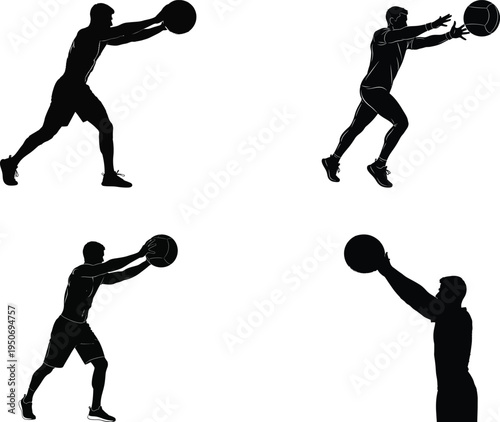 Silhouettes of man throwing medicine ball in action, dynamic poses