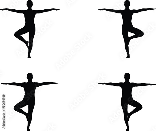 Four women in silhouette performing tree yoga pose, standing balanced