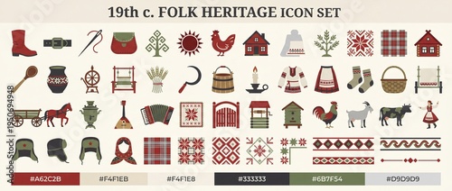 Folk heritage icon set showing various symbols and objects representing 19th century craftsmanship and rural life in a simple design layout
