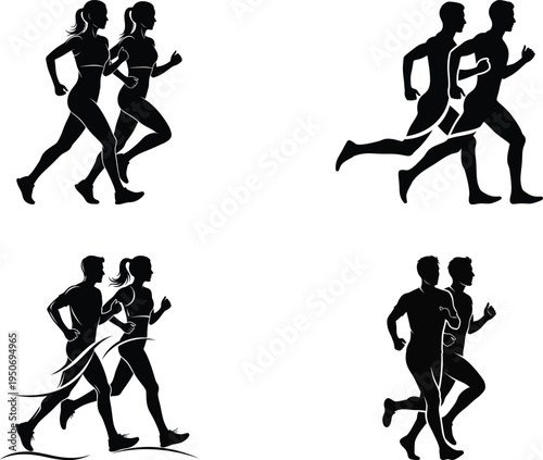Silhouette runners jogging in unison, dynamic sport illustration
