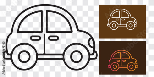 Black and white line drawing car illustration with transparent background for creative design and coloring projects