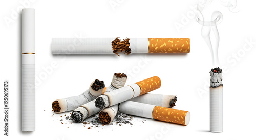 Collection of cigarettes and electronic cigarette on white background with cigarette butts with e cigarette with quit smoking with bad habit