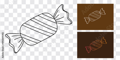 Black and white line drawing candy illustration with transparent background for creative design and coloring projects