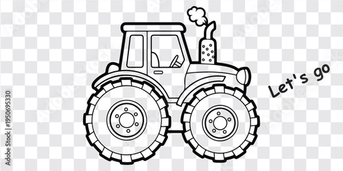 Black and white line drawing tractor illustration with transparent background for creative design and coloring projects