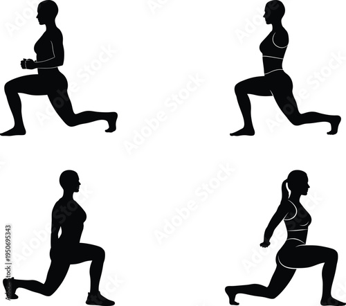 Woman silhouette set lunges exercise isolated black and white with white background