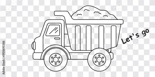 Black and white line drawing dump truck illustration with transparent background for creative design and coloring projects