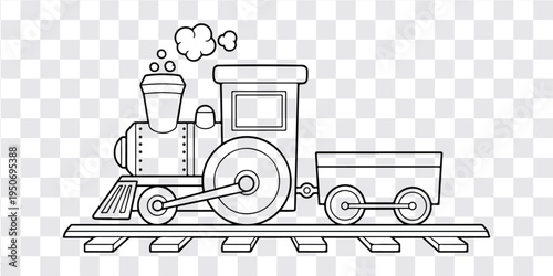 Black and white line drawing steam locomotive train illustration template with transparent background for creative design projects