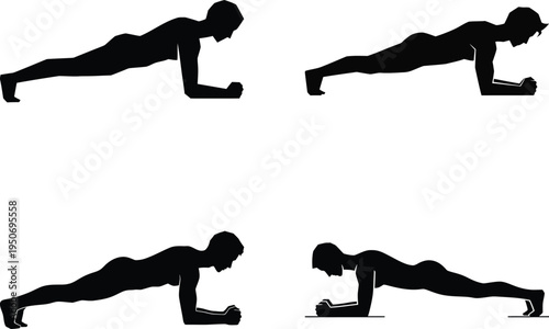 Plank exercise silhouette set man workout isolated white background