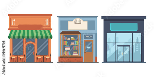Different storefronts representing a variety of businesses: a restaurant, a bookstore, and a contemporary co-working space