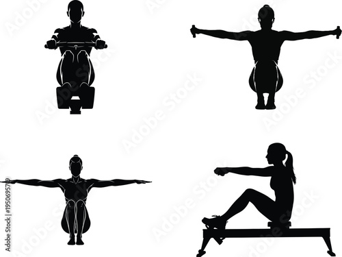 Rowing machine and bodyweight exercise silhouette set isolated with white background