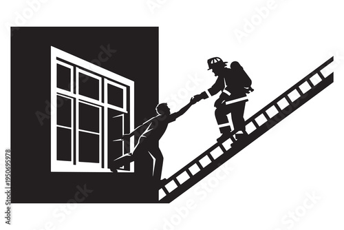 Firefighters rescuing a person from a building using a ladder at night