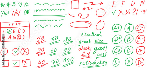 Grade school mark. hand drawn exam marks, grades and checkboxes, arrows and underlines, evaluation icons. Doodle words on grid paper for student assessment