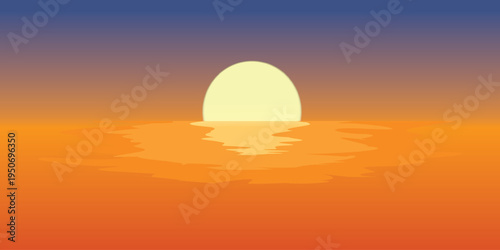 Stunning sunset vector illustration featuring a large sun dipping below the horizon, with a vibrant gradient sky from deep blue to warm orange and soft water reflections on a calm summer sea.