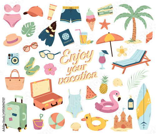 Large vector collection of summer vacation items including beach accessories, travel objects, clothing and tropical elements.
