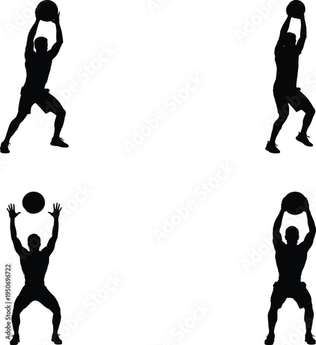 Silhouettes of man holding medicine ball for fitness and exercise