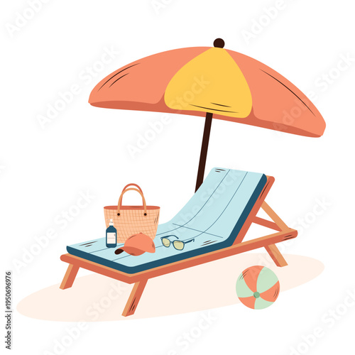 Beach chair with umbrella and bag on sand – summer vacation beach lounge vector illustration