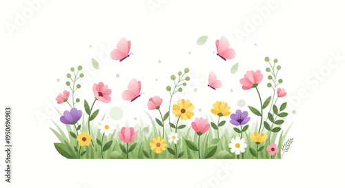 A colorful floral illustration featuring blooming flowers, butterflies, and lush greenery on a white background, symbolizing the spring season and March Equinox