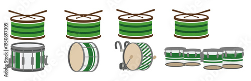  PARADE DRUM - Marching band drum with festive green stripes  Flat Vector Illustration on Transparent Background