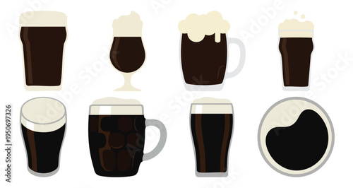 PINT OF STOUT - Dark beer glass with thick white creamy foam  Flat Vector Illustration on Transparent Background