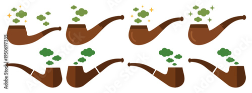  MAGIC PIPE - Wooden smoking pipe with small green smoke puffs  Flat Vector Illustration on Transparent Background