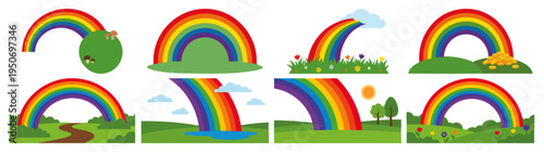 RAINBOW END - Colorful arc landing in a grassy meadow  Flat Vector Illustration on Transparent Background