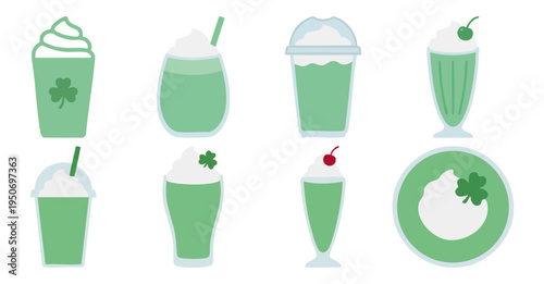 SHAMROCK SHAKE - Minty green milkshake with whipped cream  Flat Vector Illustration on Transparent Background