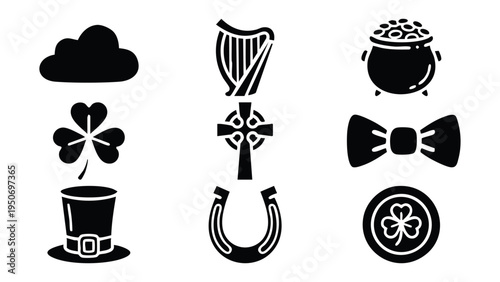  fiddle and bow, leprechaun boots, irish harp, celtic knot  Flat Vector Illustration on Transparent Background