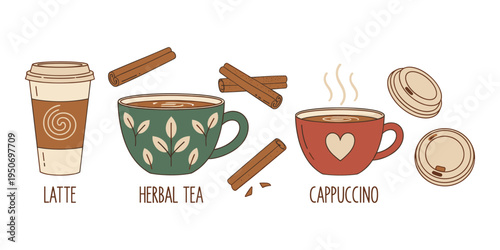 Hand drawn set of coffee and tea drinks, including a takeaway latte, an herbal tea mug, and a steaming cappuccino with spices