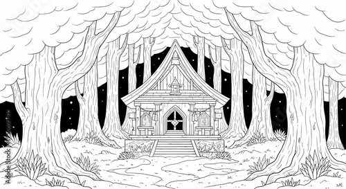 Black and white illustration of a wooden house in a forest clearing