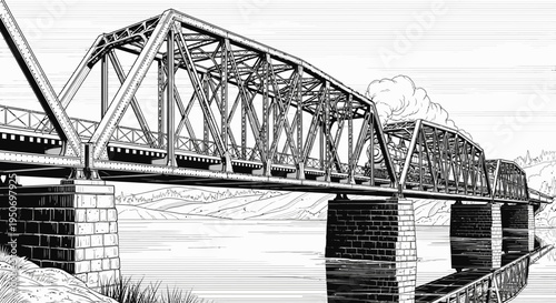 Black and white illustration of a steel truss bridge over water