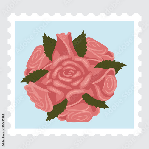 A postage stamp depicting a composition of six dusty pink roses, a bud, and leaves. Vector illustration isolated on a gray background.