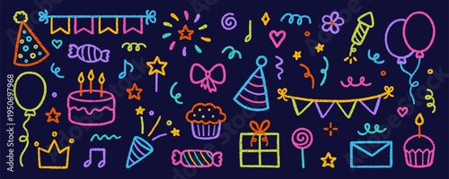 Birthday party crayon icons with pastel gift, cake and chalk celebrate balloon. Children doodle elements with childish pencil texture. Hand drawn vector illustration