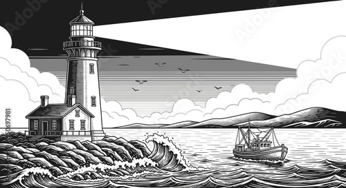 Coastal lighthouse and fishing vessel illustration in black and white