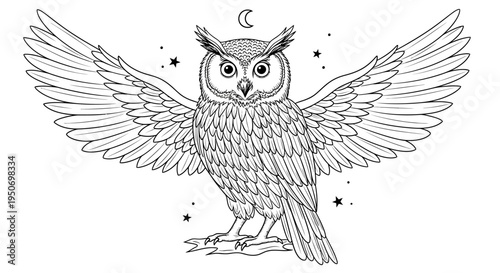 Detailed illustration of an owl with spread wings and celestial elements