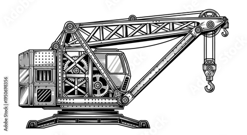 Detailed illustration of industrial crane with gears and hook isolated