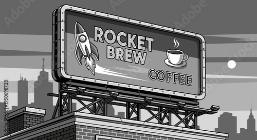Billboard advertising coffee shop with rocket ship graphic over city skyline
