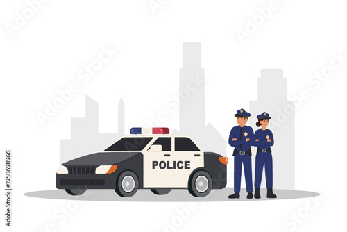 Two police officers and police car. Man and woman in blue uniform standing near car in city. Vector illustration.