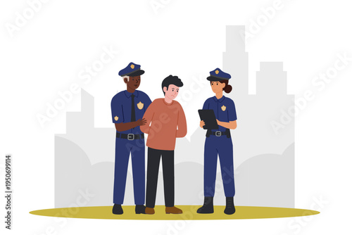 Protocol drafting. Two police officers formalizing suspect detention. Woman writing protocol, man restraining suspect.