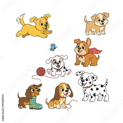 Group of happy cartoon puppies in various poses and breeds, including a superhero, playing with a ball and a butterfly